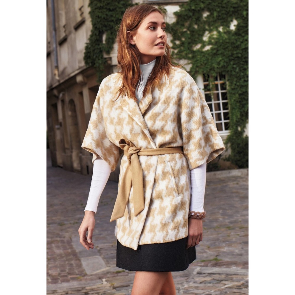 Anthropologie Elevenses Houndstooth Tweed Belted Coatigan‎ Jacket XS/S